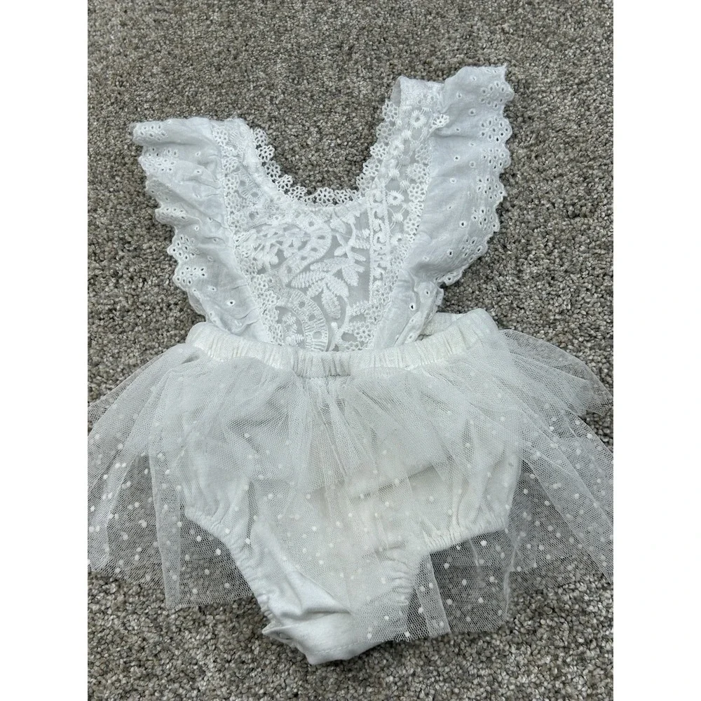 Romper Skirt Tul Size 0-3‎ Months White Button Sleeveless #0117